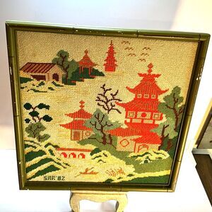 Beautiful vintage framed needlepoint Asian inspired pagoda 1982